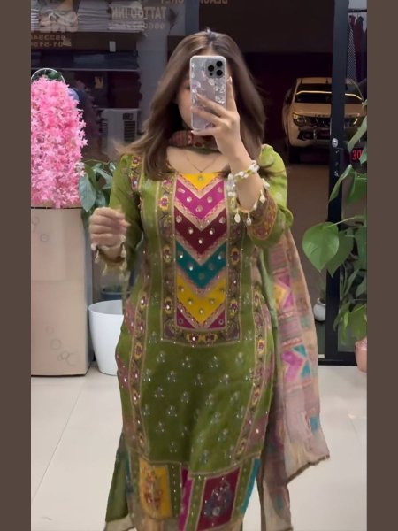 Elegant Festive Wear Digital Printed Chinnon Silk Suit with Real Mirror Work &  Dupatta Kurtis