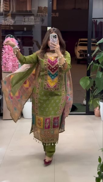 Elegant Festive Wear Digital Printed Chinnon Silk Suit with Real Mirror Work &  Dupatta 3 Piece Kurti Set