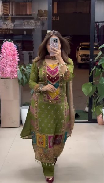 Elegant Festive Wear Digital Printed Chinnon Silk Suit with Real Mirror Work &  Dupatta 3 Piece Kurti Set