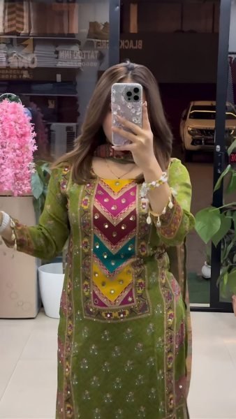 Elegant Festive Wear Digital Printed Chinnon Silk Suit with Real Mirror Work &  Dupatta 3 Piece Kurti Set