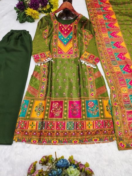 Elegant Festive Wear Digital Printed Chinnon Silk Suit with Real Mirror Work &  Dupatta 3 Piece Kurti Set