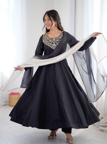 Elegant Black French Crepe Anarkali Gown with Embroidery Work for Party Wear Kurtis