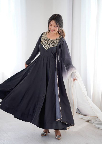 Elegant Black French Crepe Anarkali Gown with Embroidery Work for Party Wear Anarkali Kurtis 