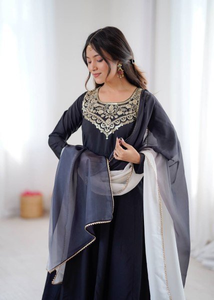 Elegant Black French Crepe Anarkali Gown with Embroidery Work for Party Wear Anarkali Kurtis 