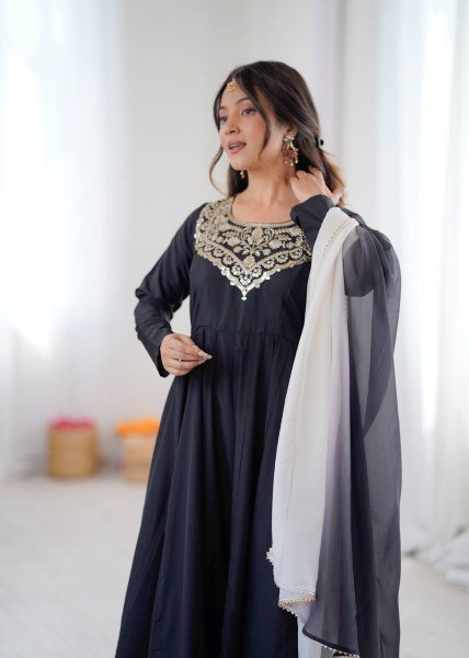 Elegant Black French Crepe Anarkali Gown with Embroidery Work for Party Wear Anarkali Kurtis 