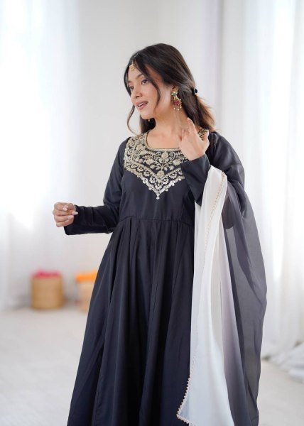 Elegant Black French Crepe Anarkali Gown with Embroidery Work for Party Wear Anarkali Kurtis 