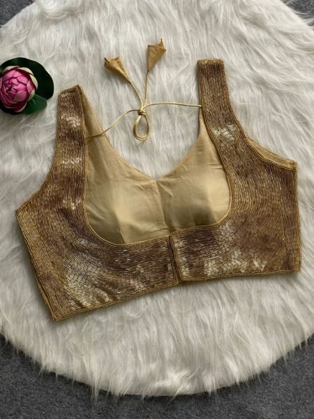 Elegant Golden Pure Silk Handwork Blouse with Pearls  Beads   Pipe Moti Detailing Ready to Wear for Resellers Blouse Collection