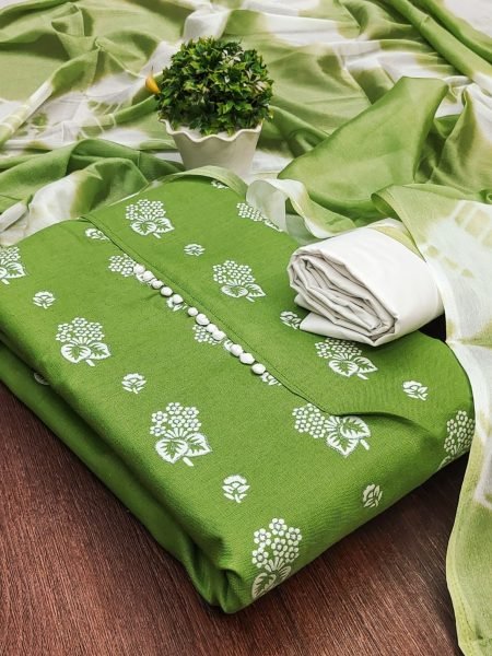 Elegant Green Color Cotton Slub Print Dress Material Collection At Wholesale Rate  Color Set Matching Dress Material Wholesale