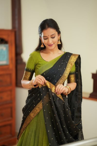 Elegant Green Kanjivaram Silk Lehenga Choli with Zari Weaving and Georgette Dupatta Half Saree Lehenga