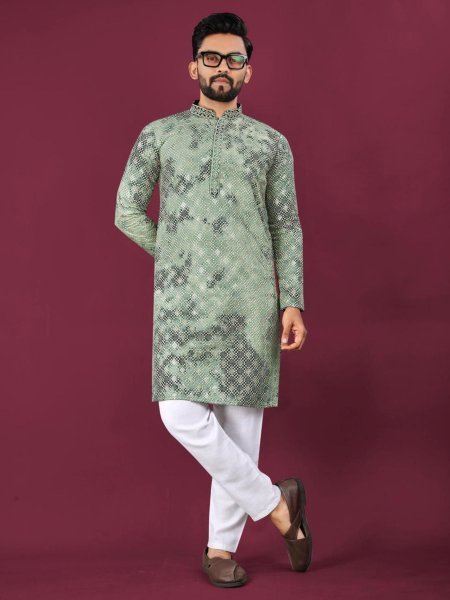 Elegant Green Kurta Pajama with Chikankari Work Traditional Mens Wear Kurta Pajama Wholesale