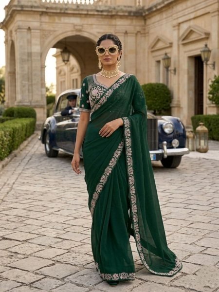 Elegant Green Malay Satin Silk Saree with Beads Embroidery at Manufacturer Rate 