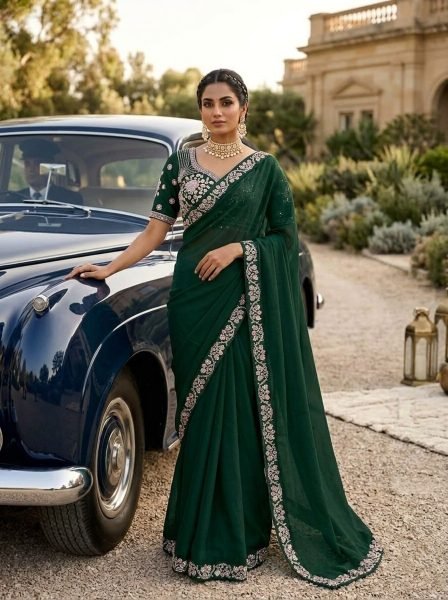 Elegant Green Malay Satin Silk Saree with Beads Embroidery at Manufacturer Rate Silk Sarees Wholesale
