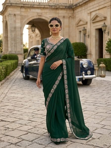 Elegant Green Malay Satin Silk Saree with Beads Embroidery at Manufacturer Rate Silk Sarees Wholesale