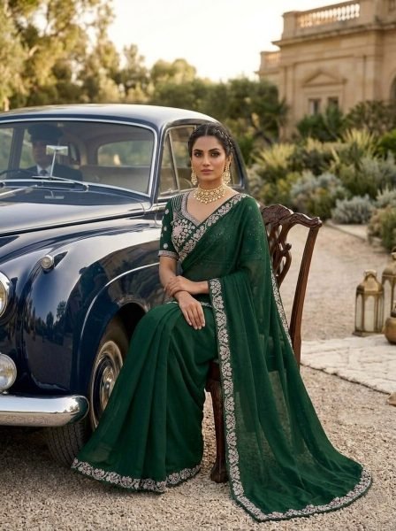 Elegant Green Malay Satin Silk Saree with Beads Embroidery at Manufacturer Rate Silk Sarees Wholesale