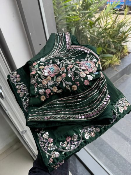 Elegant Green Malay Satin Silk Saree with Beads Embroidery at Manufacturer Rate Silk Sarees Wholesale