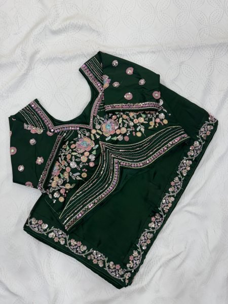 Elegant Green Malay Satin Silk Saree with Beads Embroidery at Manufacturer Rate Silk Sarees Wholesale