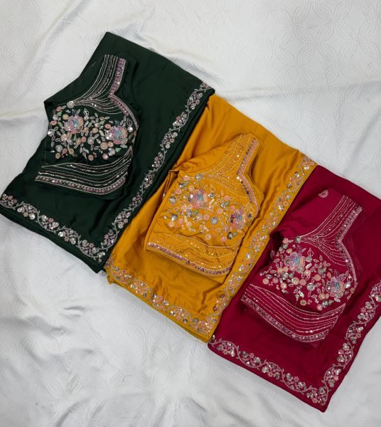 Elegant Green Malay Satin Silk Saree with Beads Embroidery at Manufacturer Rate Silk Sarees Wholesale