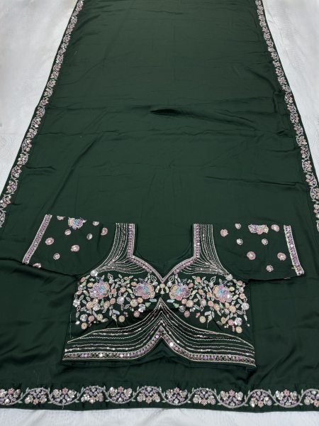 Elegant Green Malay Satin Silk Saree with Beads Embroidery at Manufacturer Rate Silk Sarees Wholesale