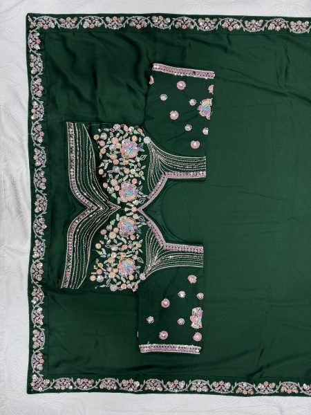 Elegant Green Malay Satin Silk Saree with Beads Embroidery at Manufacturer Rate Silk Sarees Wholesale