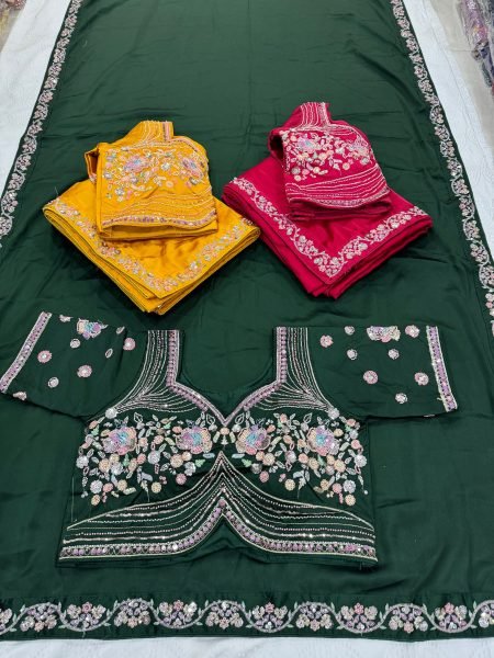 Elegant Green Malay Satin Silk Saree with Beads Embroidery at Manufacturer Rate Silk Sarees Wholesale