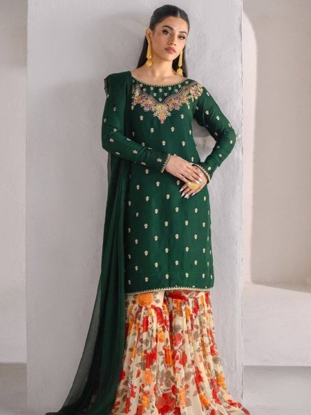 Elegant Green Sharara Suit with Embroidery    Floral Flair Perfect for Festive Wear Ready To Wear Suit