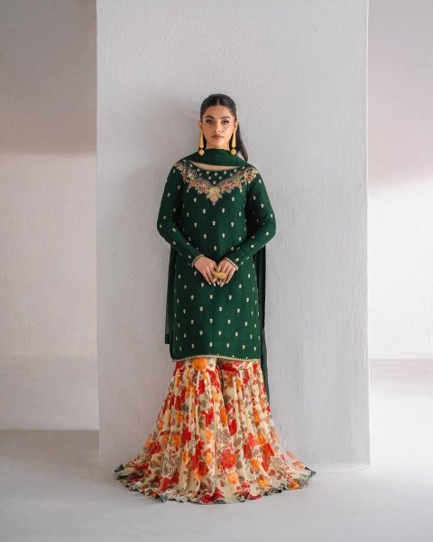 Elegant Green Sharara Suit with Embroidery    Floral Flair Perfect for Festive Wear Ready To Wear Collection