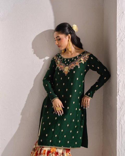 Elegant Green Sharara Suit with Embroidery    Floral Flair Perfect for Festive Wear Ready To Wear Collection