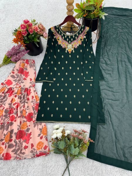 Elegant Green Sharara Suit with Embroidery    Floral Flair Perfect for Festive Wear Ready To Wear Collection