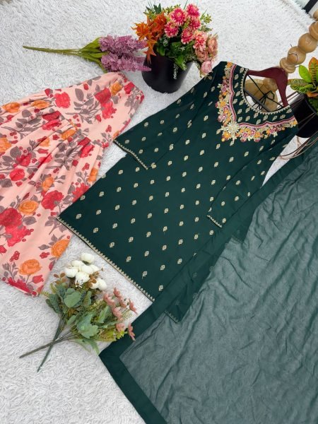 Elegant Green Sharara Suit with Embroidery    Floral Flair Perfect for Festive Wear Ready To Wear Collection