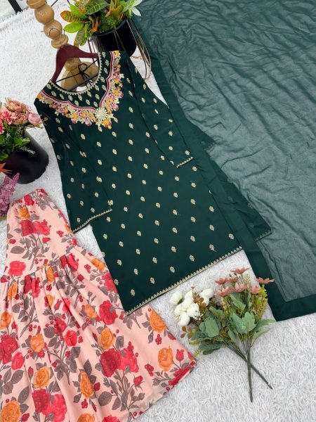 Elegant Green Sharara Suit with Embroidery    Floral Flair Perfect for Festive Wear Ready To Wear Collection