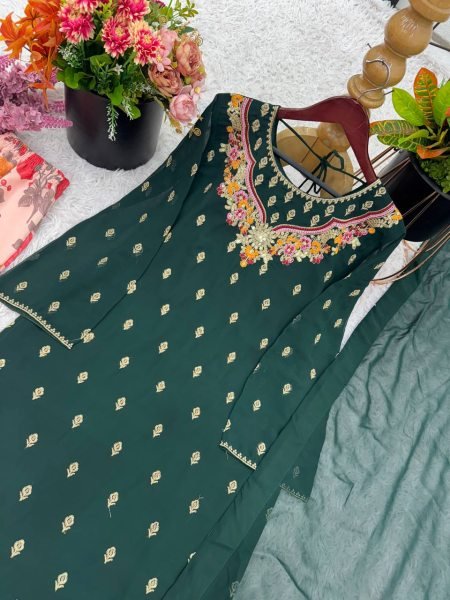 Elegant Green Sharara Suit with Embroidery    Floral Flair Perfect for Festive Wear Ready To Wear Collection