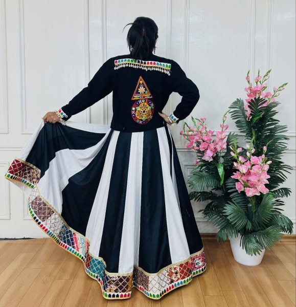 Elegant Grey Black Rayon Lehenga with Cowrie Lace and Kutch Jacket Festive Fusion Wear Navratri Collection
