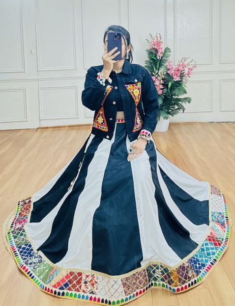 Elegant Grey Black Rayon Lehenga with Cowrie Lace and Kutch Jacket Festive Fusion Wear Navratri Collection
