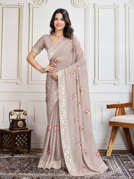 elegant grey georgette silk saree with designer sequin accents festive edition