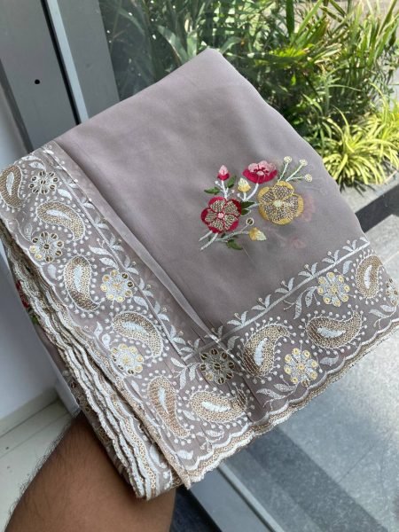 elegant grey georgette silk saree with designer sequin accents festive edition Georgette Sarees Wholesale