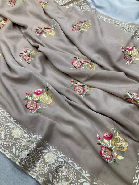 elegant grey georgette silk saree with designer sequin accents festive edition Georgette Sarees Wholesale