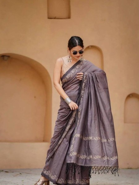 Elegant Grey Printed Saree with Matching Satin Banglory Blouse Piece Sarees 