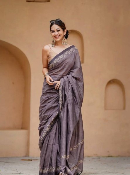 Elegant Grey Printed Saree with Matching Satin Banglory Blouse Piece Cotton Sarees Wholesale