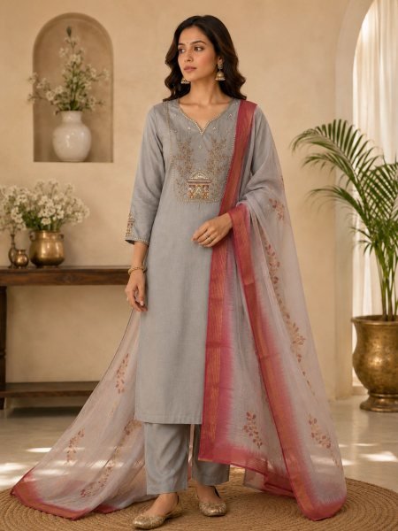 Elegant Grey Straight Cut Kurti With Neckline And Sleeves Using Sequins Work Kurtis