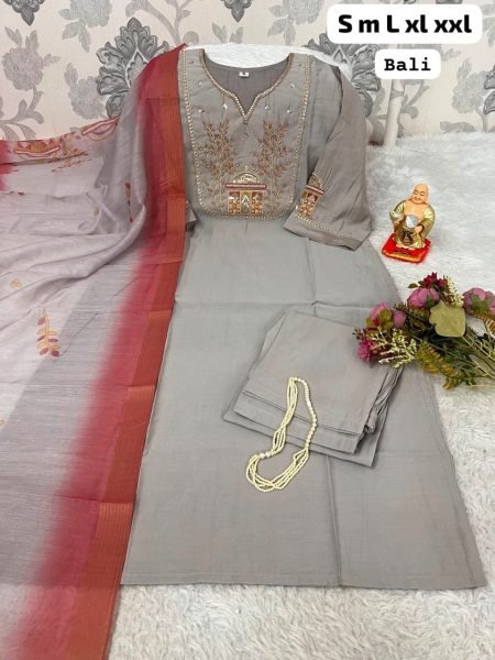 Elegant Grey Straight Cut Kurti With Neckline And Sleeves Using Sequins Work  Straight Cut Long Kurtis