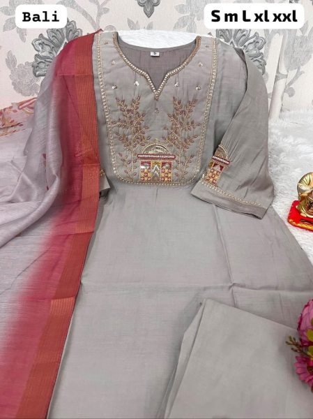 Elegant Grey Straight Cut Kurti With Neckline And Sleeves Using Sequins Work  Straight Cut Long Kurtis