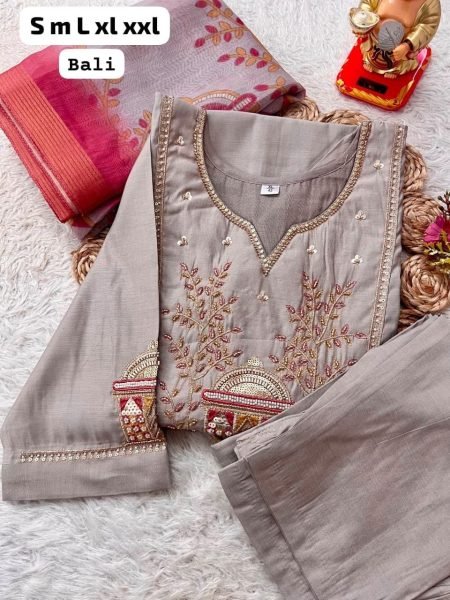 Elegant Grey Straight Cut Kurti With Neckline And Sleeves Using Sequins Work  Straight Cut Long Kurtis