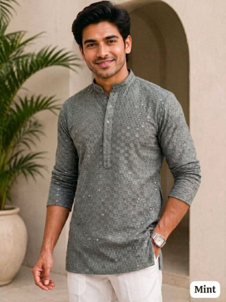 Elegant Grey Stylish Rayon Chikan Work Short Kurta for Men with Dual Pockets 