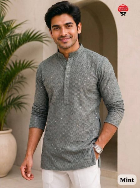 Elegant Grey Stylish Rayon Chikan Work Short Kurta for Men with Dual Pockets Mens Short Kurta
