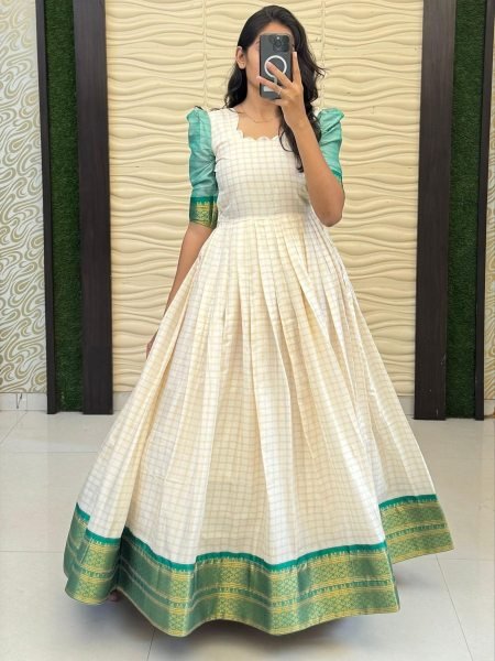 Elegant Heavy Cotton Silk Festive Wear Gown with Rich Jacquard Border  Full Stitch and Designer Flared Pattern Kurtis
