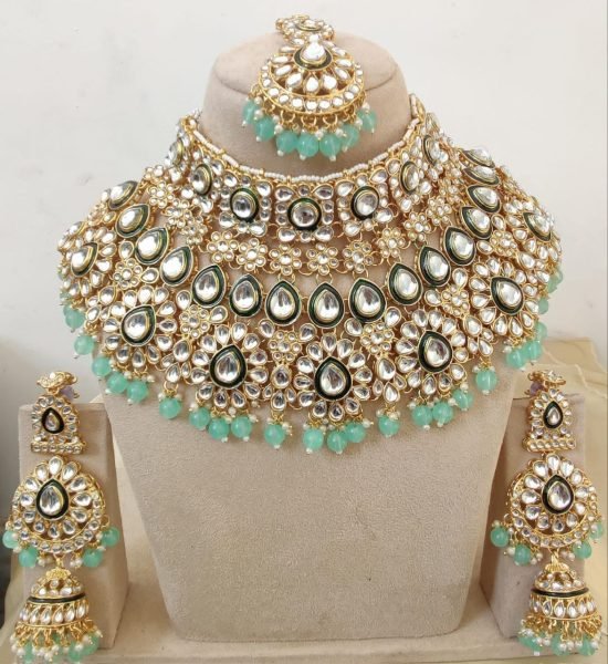 Elegant Heavy Kundan Necklace Set with Earrings  & Tikka Perfect for Wedding Looks Fashion Accessories Wholesale