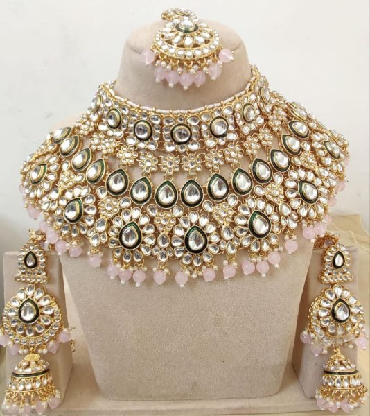 Elegant Heavy Kundan Necklace Set with Earrings  & Tikka Perfect for Wedding Looks Fashion Accessories Wholesale