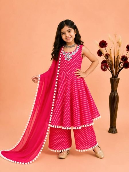 Elegant Hot Pink Girls Fox Georgette Gown Sharara Dupatta Set for Festival Kurtis