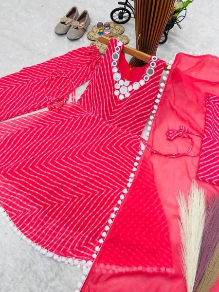 Elegant Hot Pink Girls Fox Georgette Gown Sharara Dupatta Set for Festival Girls Wear