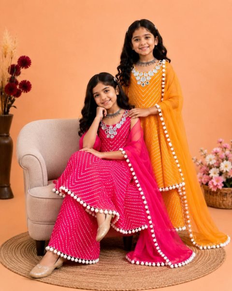 Elegant Hot Pink Girls Fox Georgette Gown Sharara Dupatta Set for Festival Girls Wear